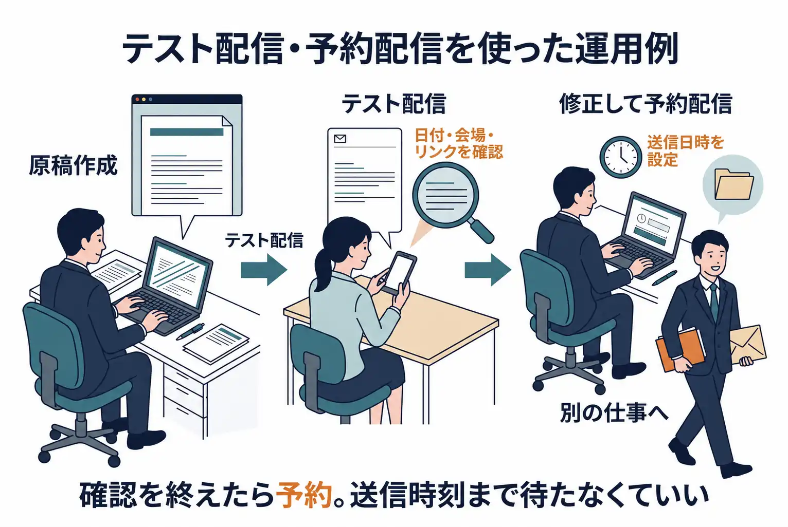 原稿作成、テスト配信、予約配信までの業務の流れ